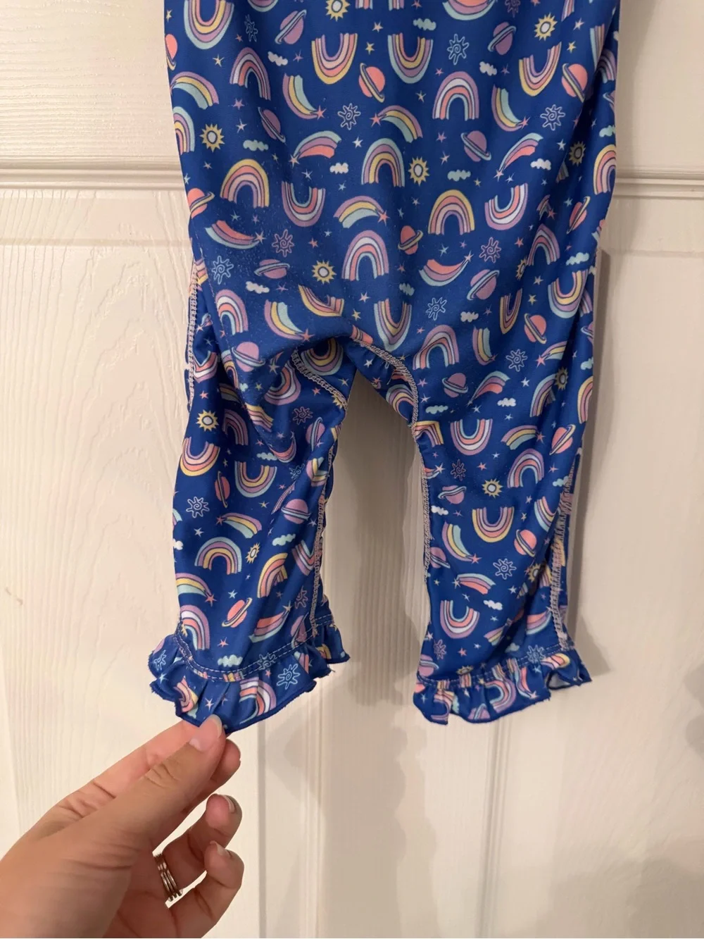 Girls Blue & Pink Rainbow Zip-One Swim Rashguard Long Sleeve Long Pants Ruffle